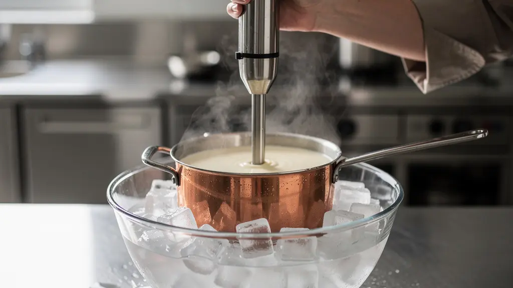 Une casserole de crème anglaise plongée dans un bain de glace avec un thermomètre indiquant la température
