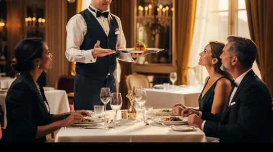 Service d'un plat gastronomique dans un restaurant haut de gamme avec serveur en tenue élégante