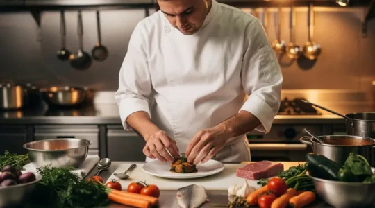 Un chef créant sa signature culinaire dans une cuisine professionnelle avec ses plats emblématiques