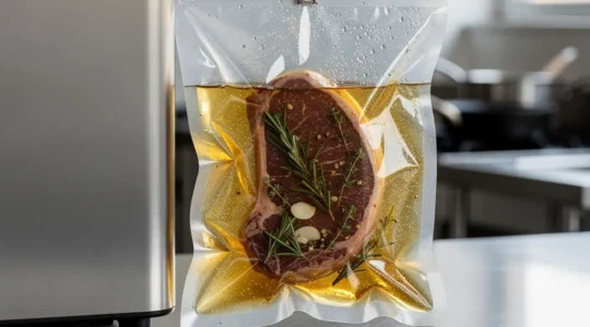 Machine sous vide professionnelle avec sachet de viande marinée et aromates, ambiance de cuisine moderne
