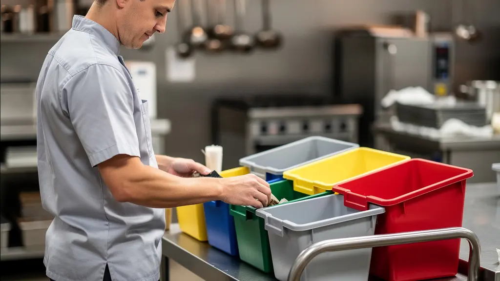 Station de tri sélectif mobile avec bacs empilables de différentes couleurs sur chariot en inox