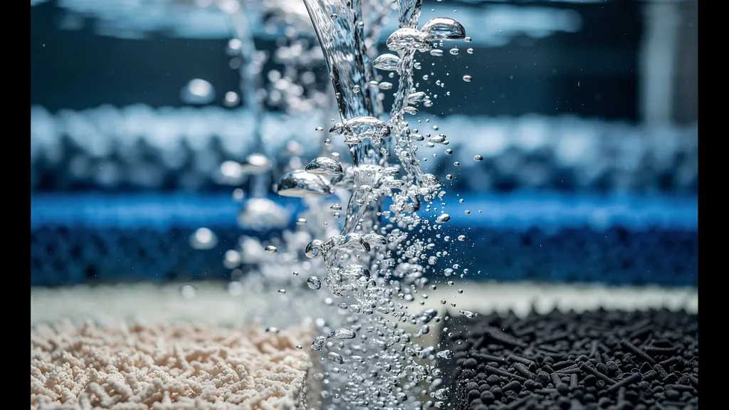 Vue macro détaillée d'un système de filtration de vivier avec bulles d'oxygénation et eau cristalline