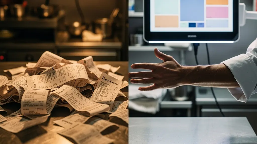 Écran KDS moderne dans une cuisine professionnelle affichant les commandes en cours