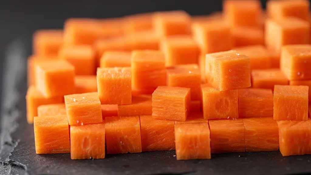 Vue macro d'une brunoise de carotte avec des dés parfaits de 2mm alignés sur une planche