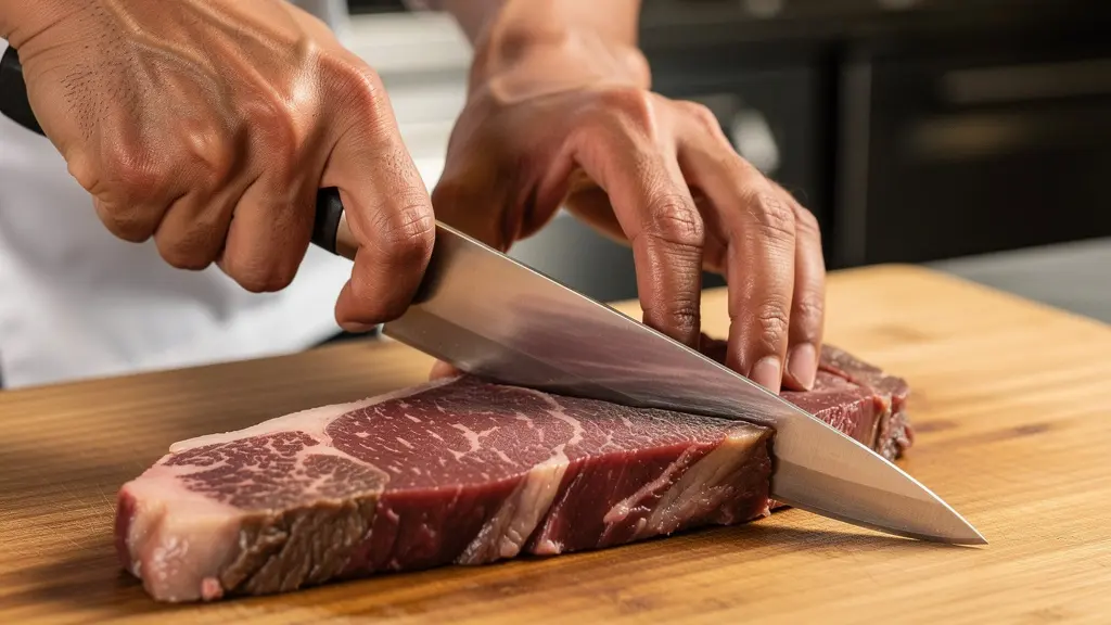 Mains de chef coupant une bavette en biseau à 45 degrés sur une planche professionnelle