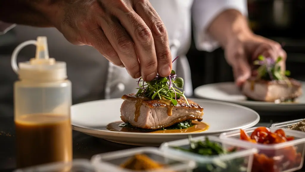 Mains de chef assemblant rapidement un plat gastronomique avec technique modulaire