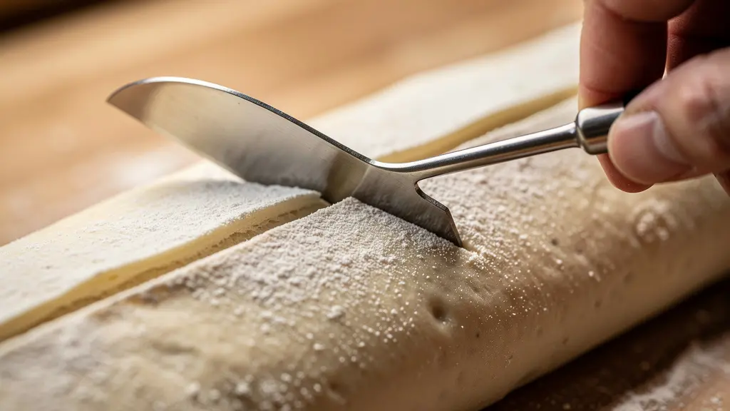 Gros plan sur une main tenant une lame de boulanger inclinée à 45 degrés sur une baguette façonnée