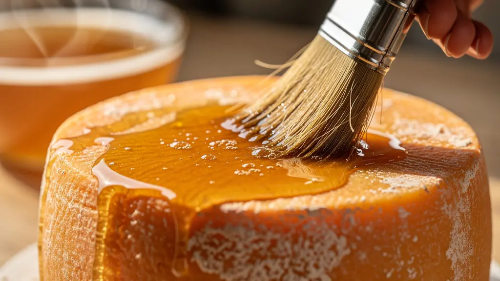 Mains expertes lavant délicatement une croûte de fromage avec une solution à la bière