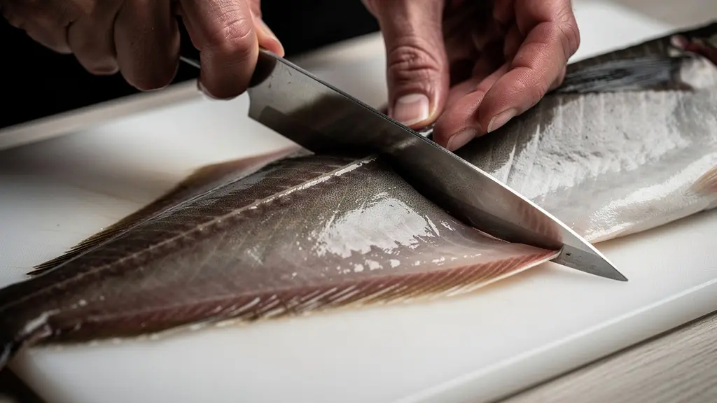Gros plan sur les mains expertes d'un cuisinier levant délicatement un filet de sole avec un couteau à filet