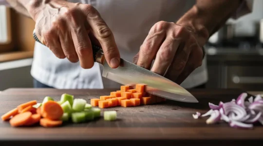 Mains de chef manipulant un couteau professionnel lors d'une découpe précise de légumes colorés sur une planche en bois