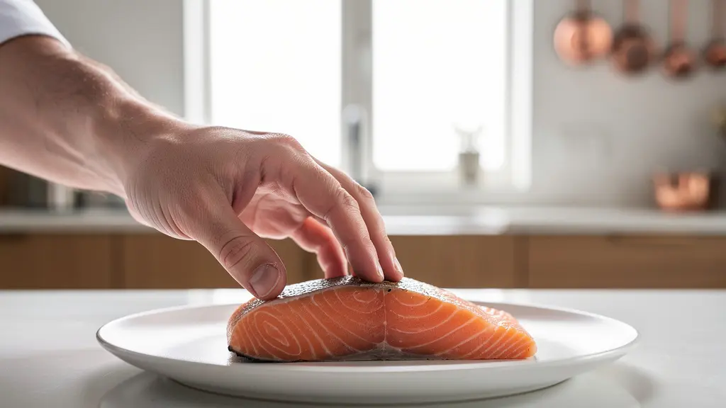 Main de chef testant délicatement la texture d'un filet de saumon nacré à la cuisson parfaite