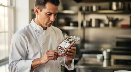 Chef professionnel examinant attentivement une étiquette de viande dans une cuisine de restaurant