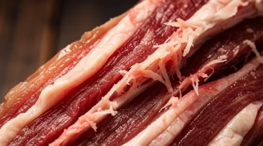 Vue macro montrant la transformation enzymatique d'une pièce de viande avec détails de fibres musculaires