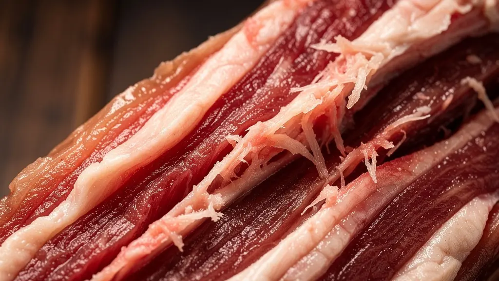 Vue macro montrant la transformation enzymatique d'une pièce de viande avec détails de fibres musculaires