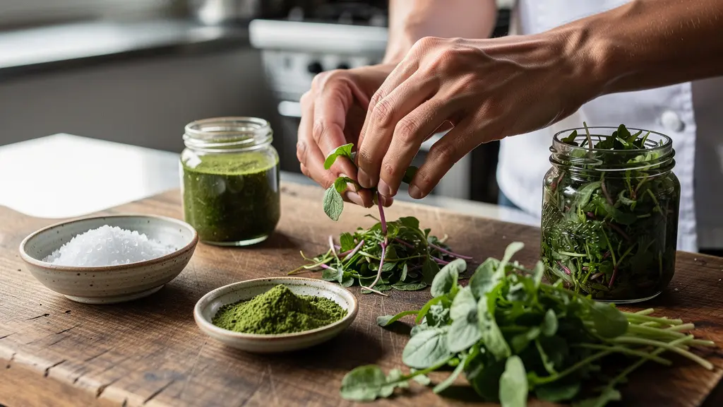 Processus de transformation des fanes de radis en condiments variés