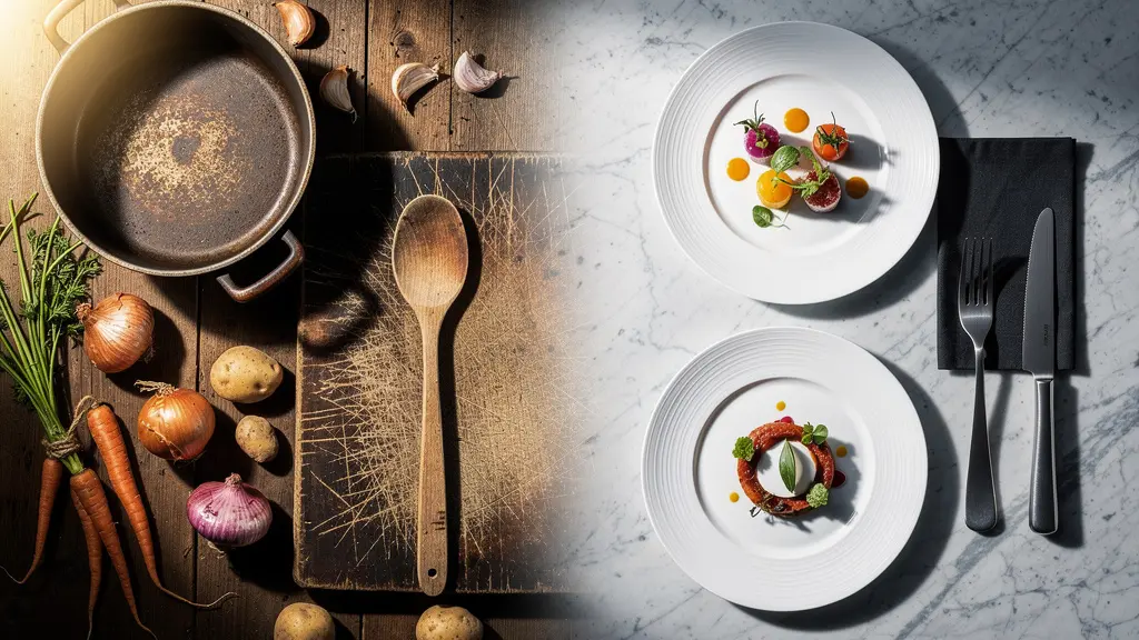 Composition culinaire montrant l'évolution d'un plat traditionnel vers une version gastronomique moderne