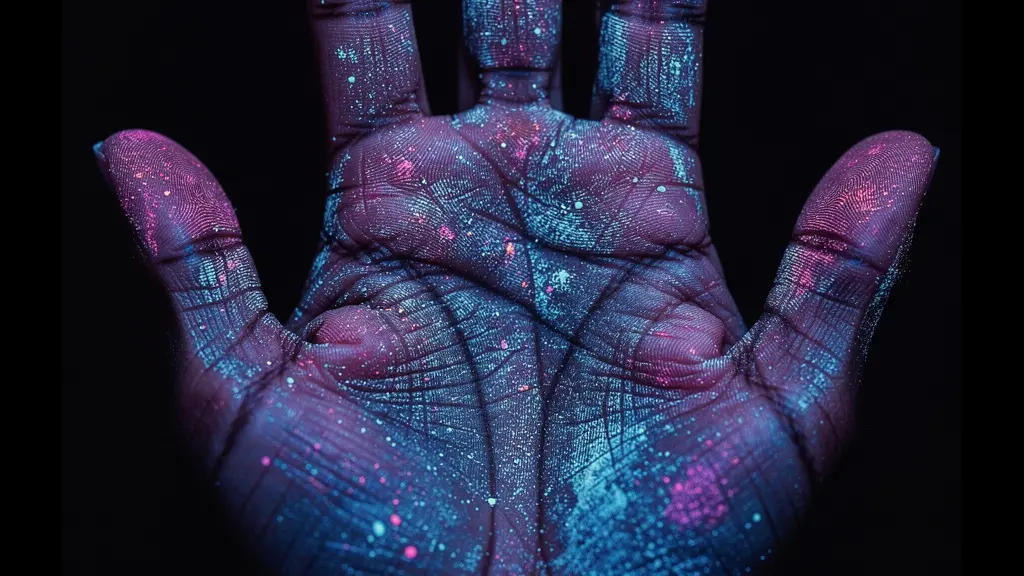 Main sous lumière UV révélant les zones mal lavées avec effet fluorescent