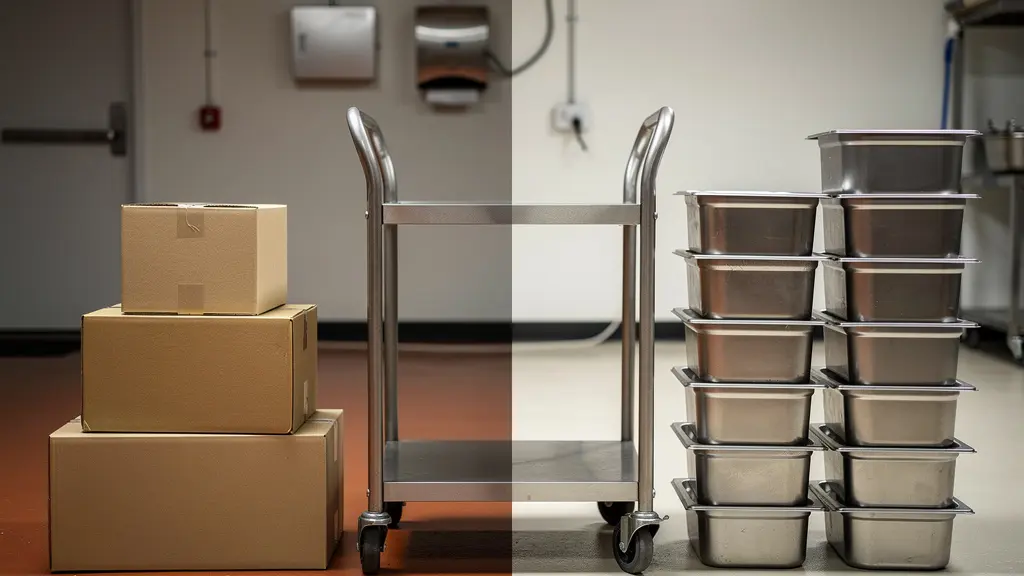 Zone de décartonnage avec chariot de rupture de charge et ligne de démarcation au sol séparant zone sale et zone propre