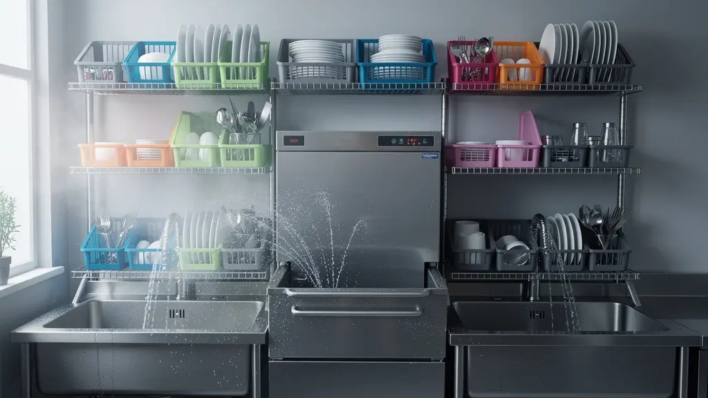 Zone de plonge professionnelle bien organisée dans une cuisine de restaurant