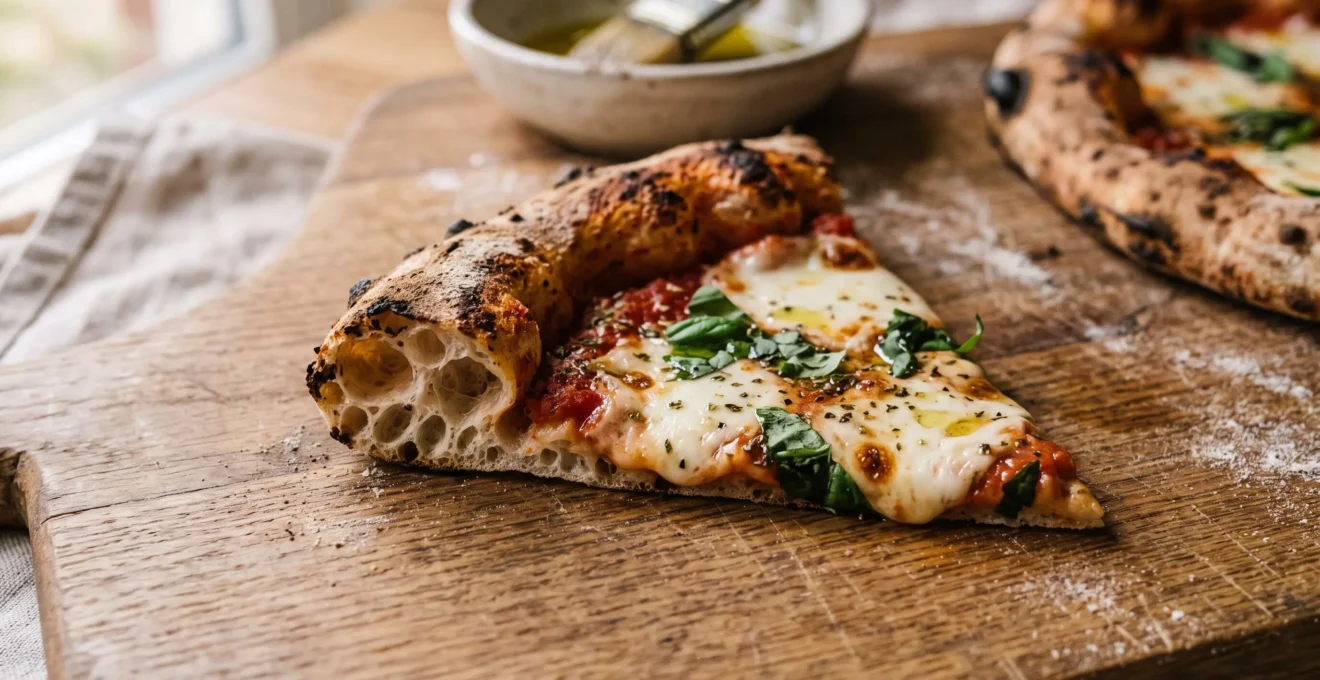 Une pizza artisanale coupée montre une croûte alvéolée et des ingrédients simples.