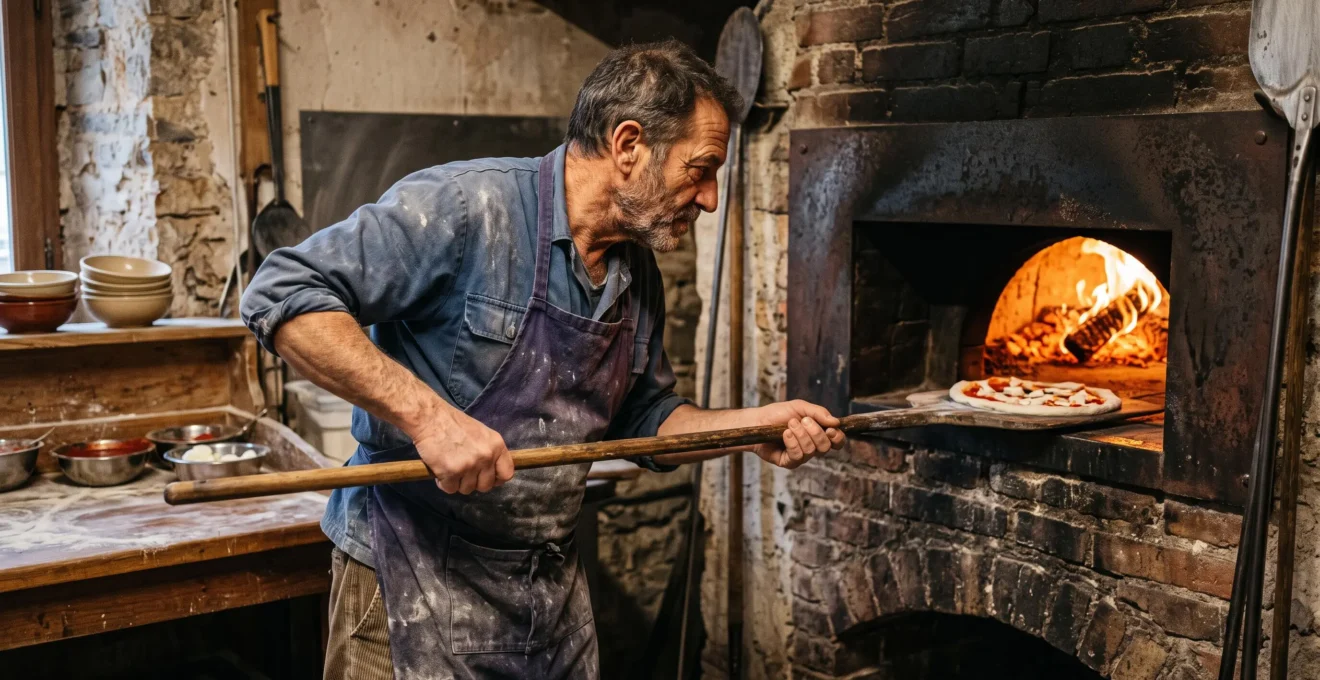 Un pizzaiolo enfourne une pizza dans un four à bois avec une pelle.
