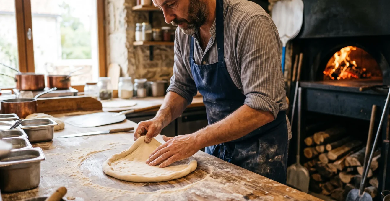 Un pizzaiolo étire une pâte maturée à la main sur un plan de travail fariné.