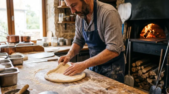 Un pizzaiolo étire une pâte maturée à la main sur un plan de travail fariné.